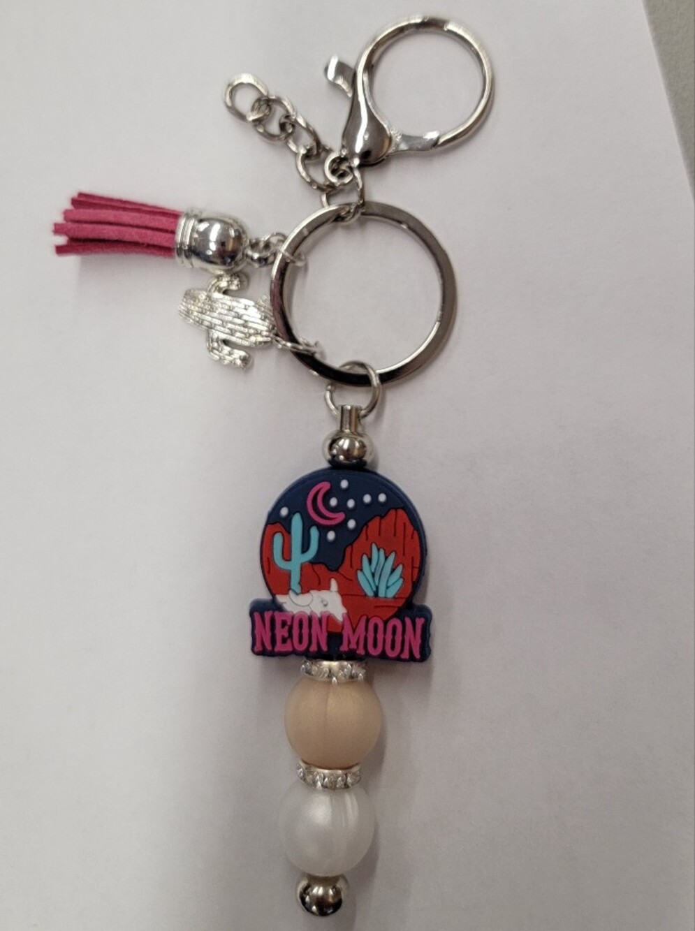 Neon Moon Pink Tassel & Silver Cactus Keychain Charm